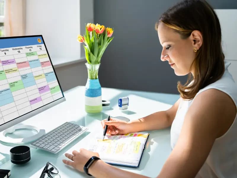 Tools for scheduling used by a woman writing in a planner while referencing a digital calendar on her computer